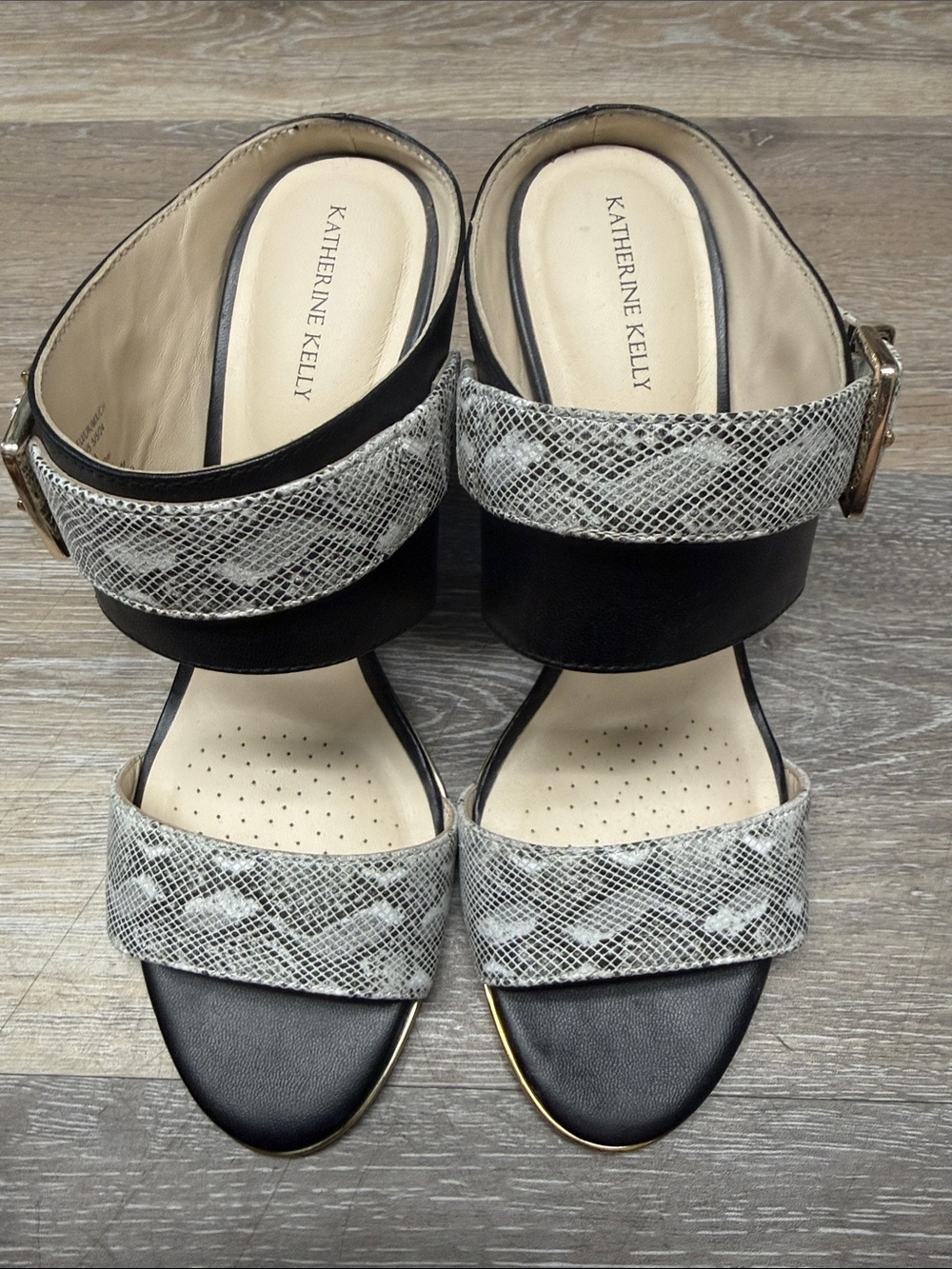 Katherine Kelly Black & Snakeskin Print Sandal Slip On size 7.5 EUR 38